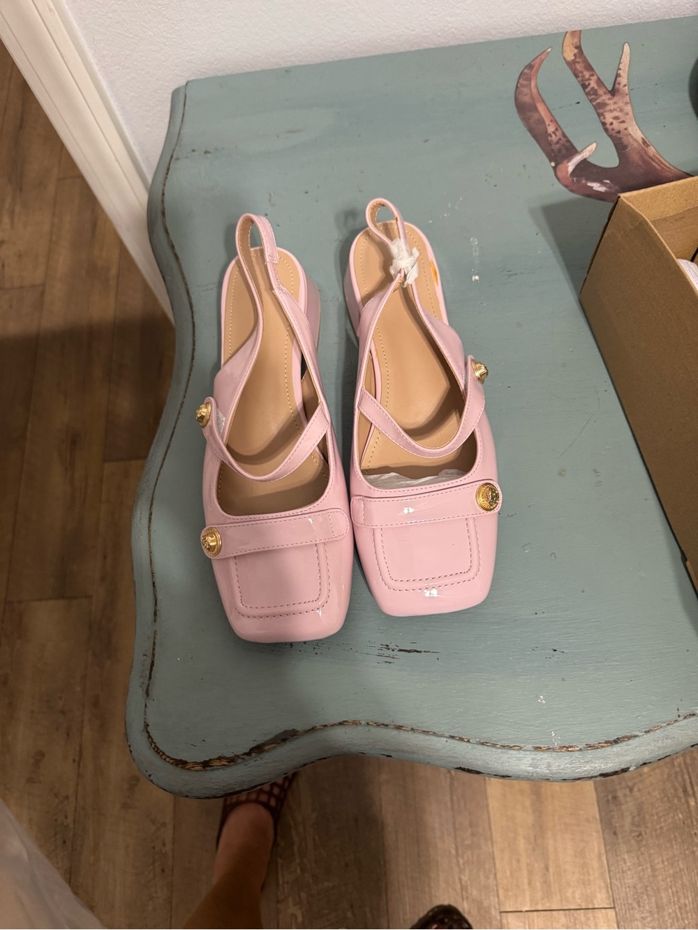 Women’s Pink Square-Toe Slingback Mules with Gold Accents